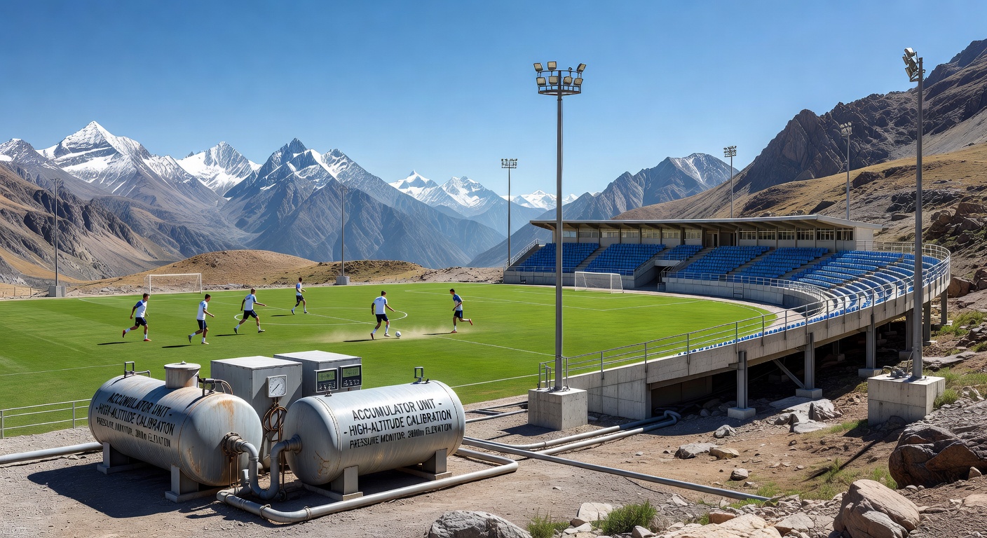 Mountain tennis court at high elevation with players competing under clear skies and reduced oxygen conditions