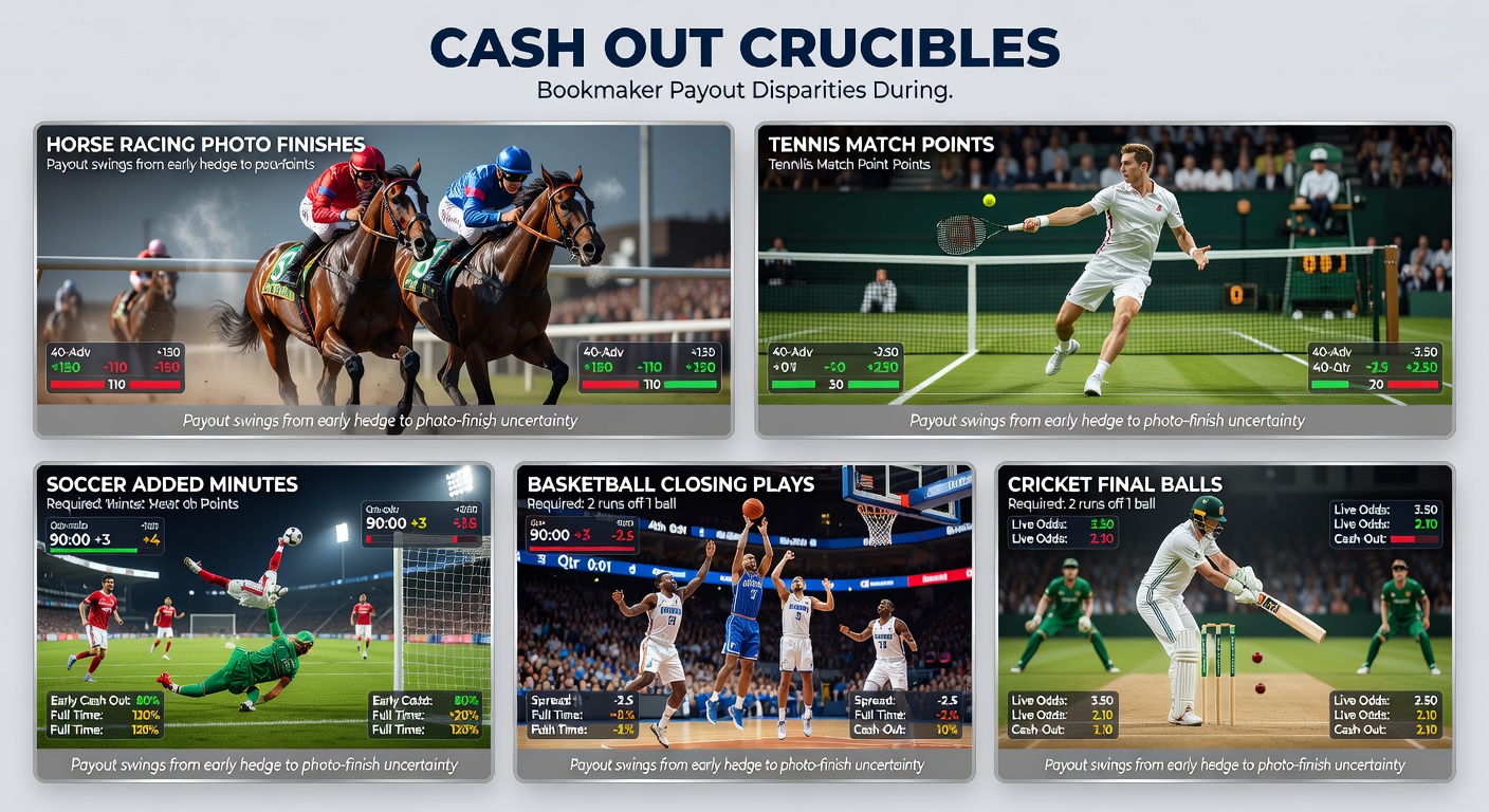 Dramatic horse racing photo finish showing two horses necks apart as jockeys urge them forward in the final stride, highlighting the tension of close calls that test bookmaker cash out algorithms
