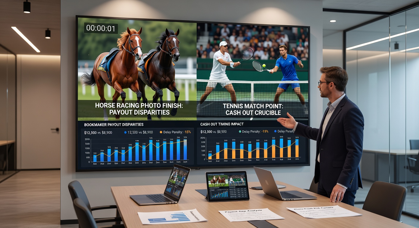 Tennis player serving intensely at match point during a packed stadium night session, racket poised as the ball hurtles over the net, capturing the high-pressure moment where cash out values fluctuate wildly between bookmakers
