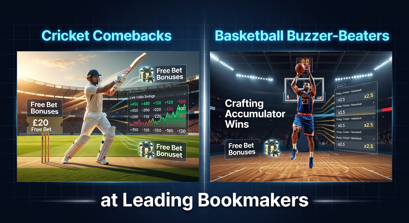 A dramatic cricket comeback moment with a batsman smashing a boundary as the crowd erupts, highlighting live odds potential in accumulators