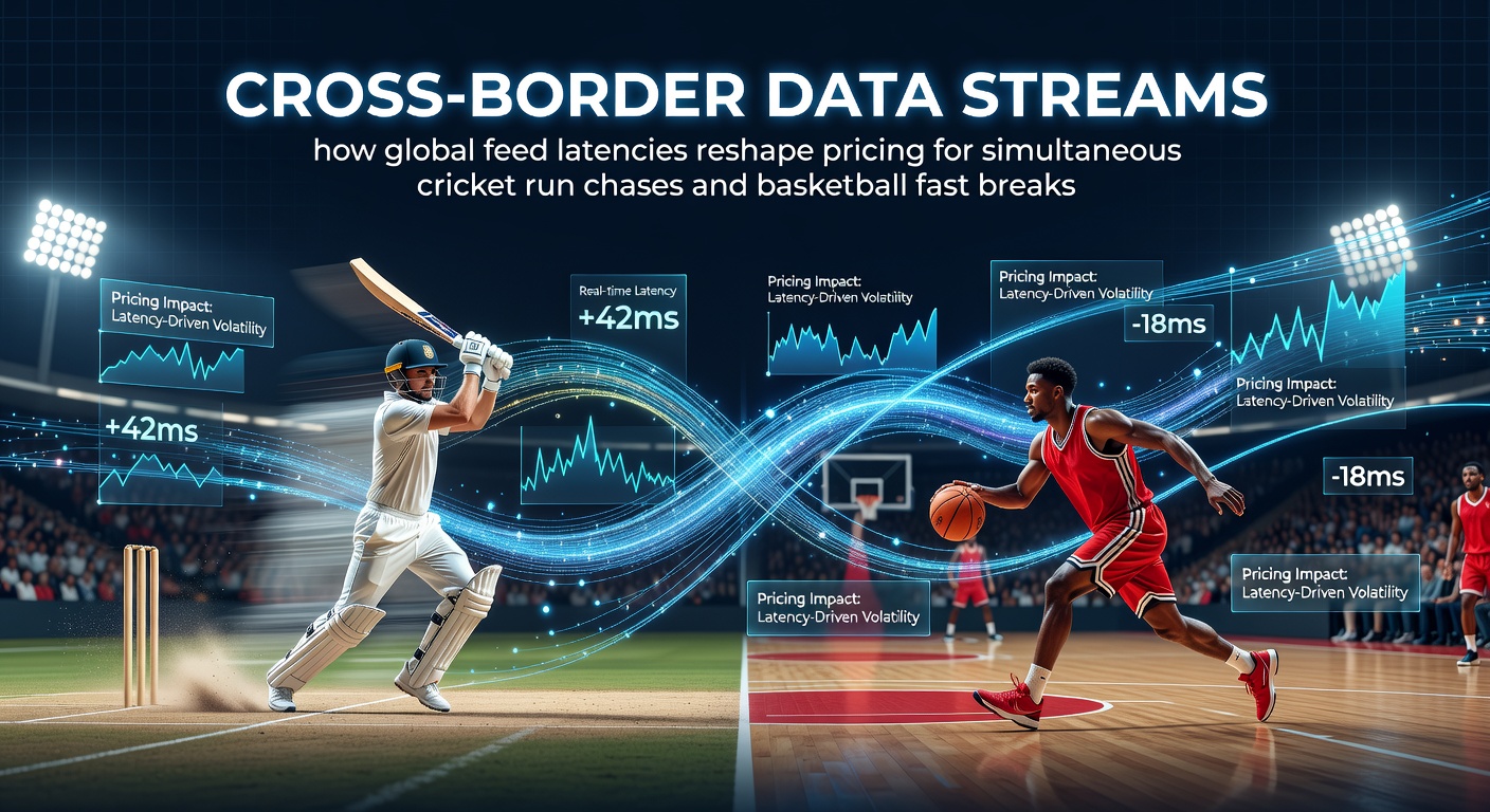 Global data feed networks transmitting live cricket and basketball scores across continents with highlighted latency paths