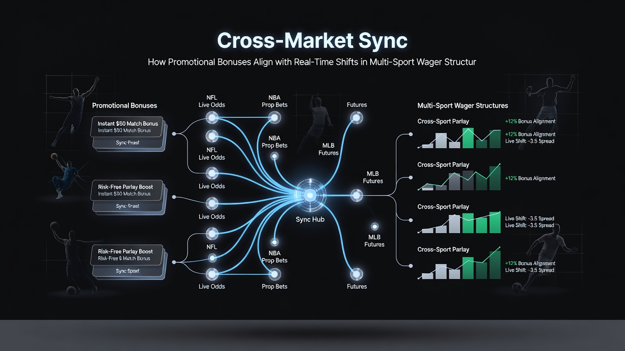 Illustration showing real-time data flows linking promotional offers to multi-sport betting adjustments