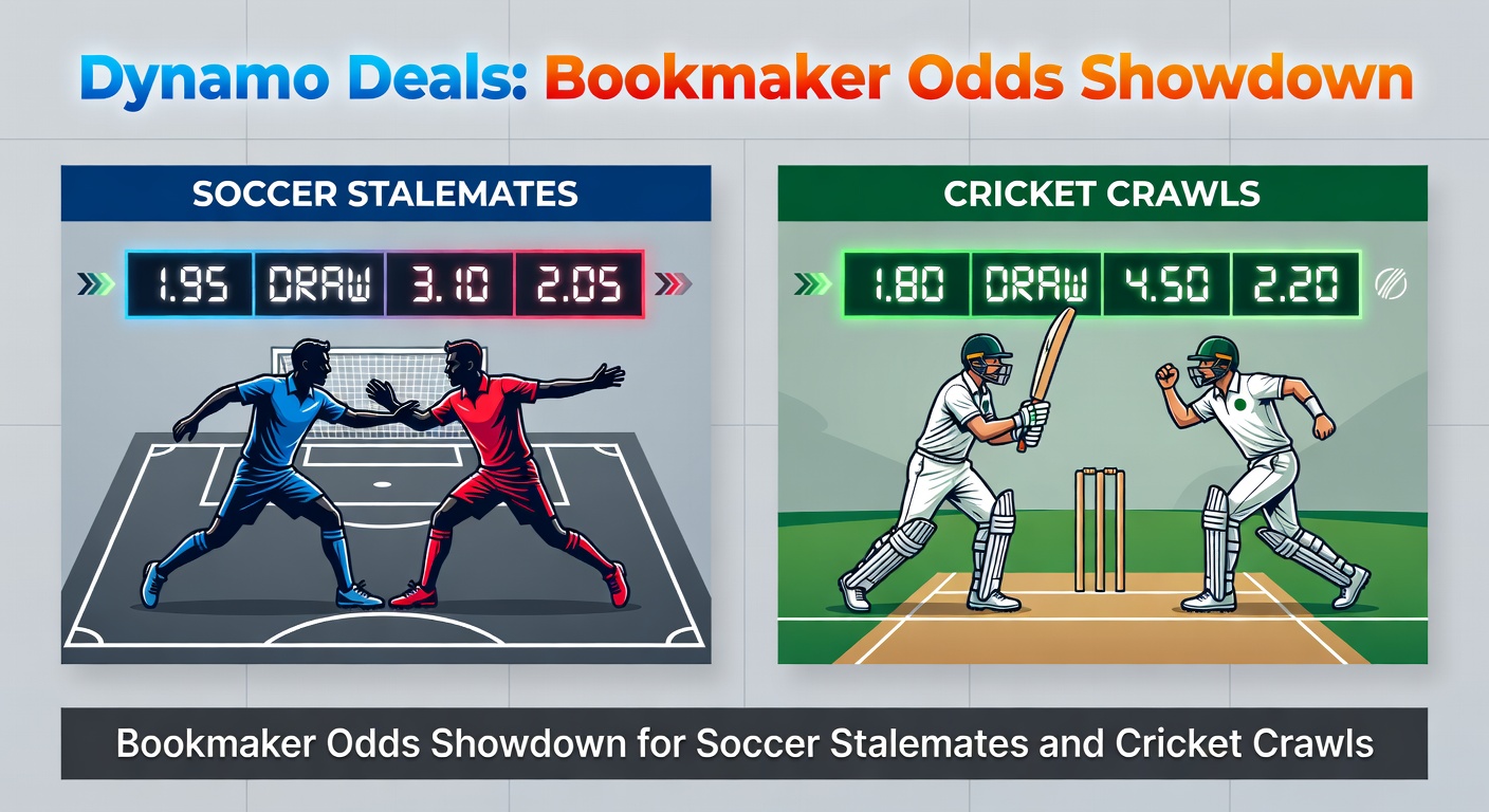 Collage of soccer players in a tense draw and cricket batsmen defending on a slow pitch, overlaid with bookmaker odds comparisons