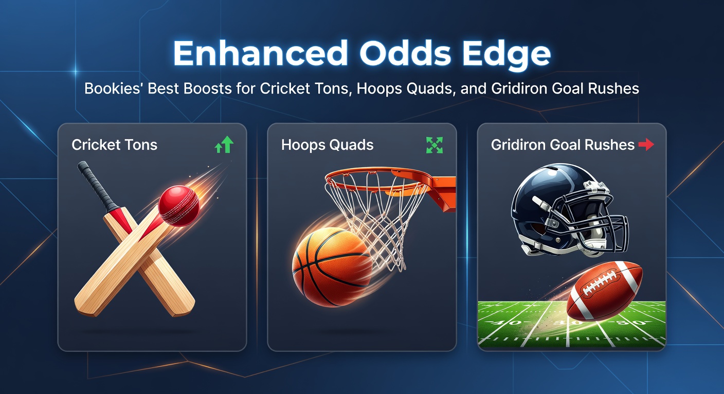 Cricket player celebrating a century with enhanced odds overlay on a bookmaker app, alongside basketball quadruple-double stats and NFL rushing touchdown highlights