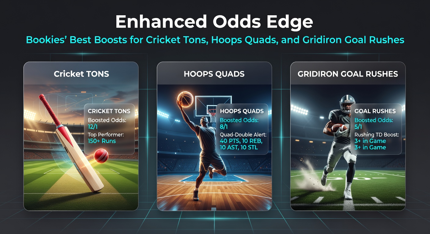 Split-screen graphic showing bookmaker apps with boosted odds for a basketball quadruple-double, cricket century alert, and NFL running back goal-line rush prop