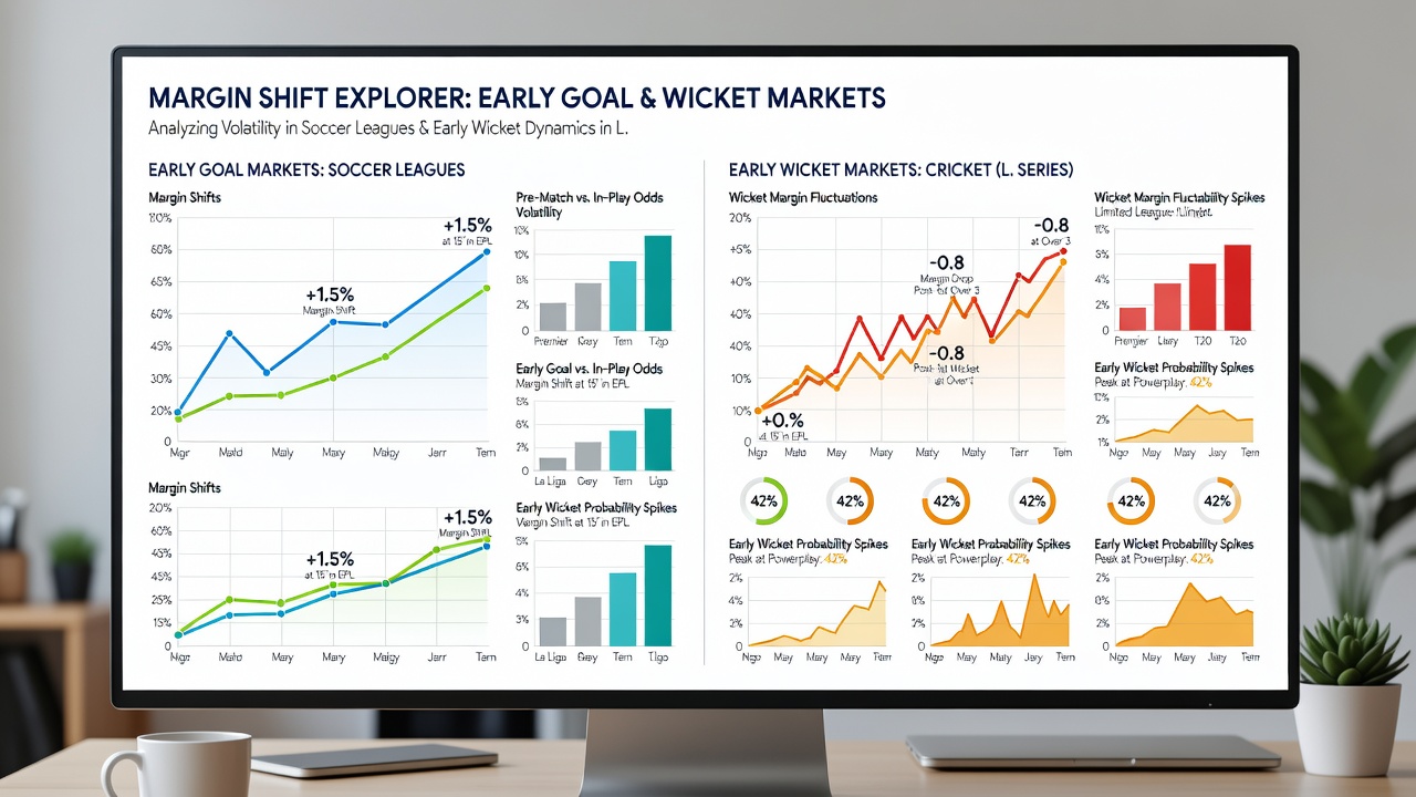 Data visualization comparing margin percentages for early soccer goals and early cricket wickets across betting platforms