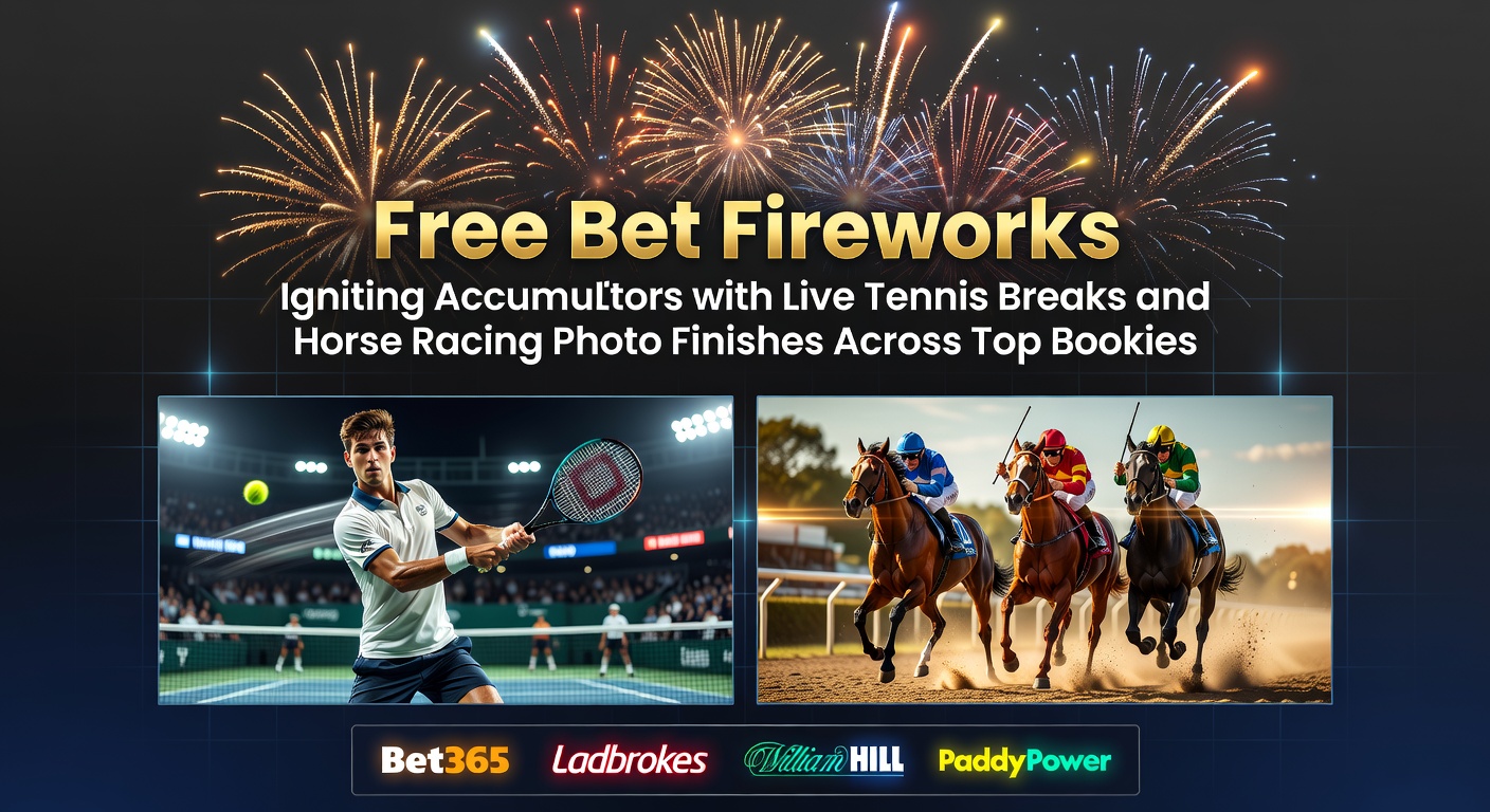 Dynamic scene of tennis player celebrating a service break during a live match, overlaid with exploding fireworks and accumulator bet slips from major bookmakers