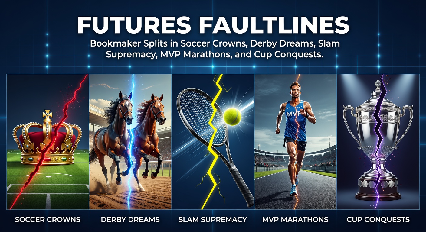 Bookmaker odds boards displaying varying futures prices for soccer league titles and tennis slams, highlighting price disparities across screens