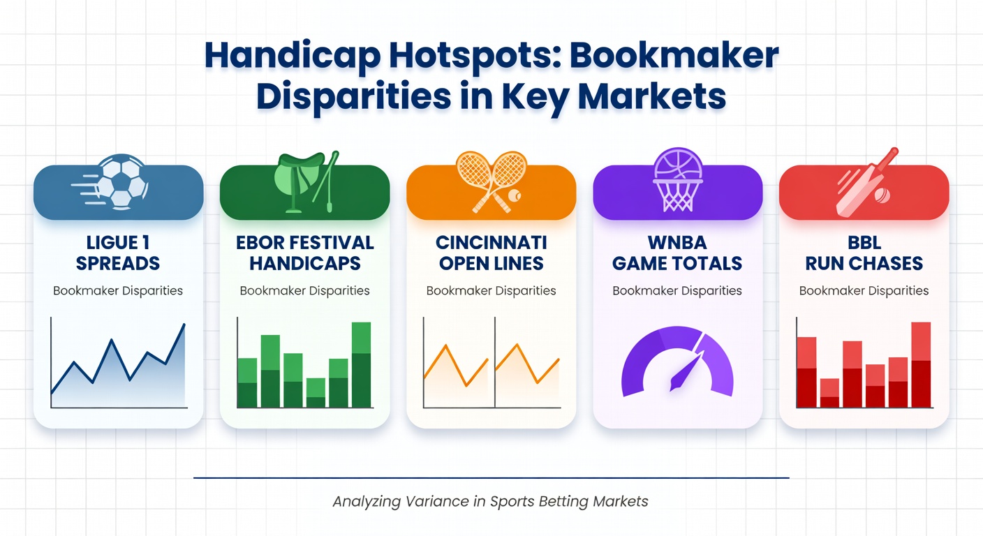 Colorful chart displaying bookmaker odds variations across Ligue 1 handicap spreads, with lines from major operators like Bet365 and Pinnacle highlighted in contrasting bars