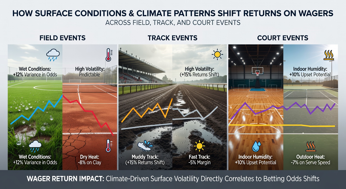Athletes competing on varied field surfaces under changing weather conditions that influence performance and betting markets