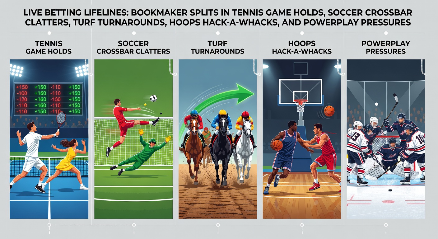 Dynamic split-screen showing live tennis serve, soccer shot rattling the crossbar, and horse racing turnaround on turf