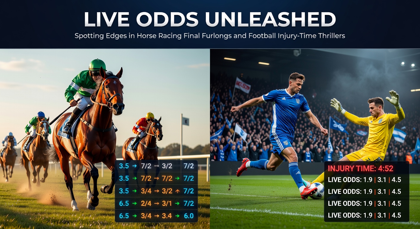 Horse racing action in the final furlongs with jockeys urging horses forward amid a packed crowd, capturing the high-stakes drama of live odds shifts