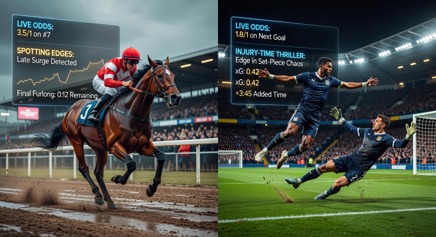 Football players clashing in injury time during a packed stadium match, with the ball in the net and fans erupting, highlighting the volatility of live odds in thriller finishes