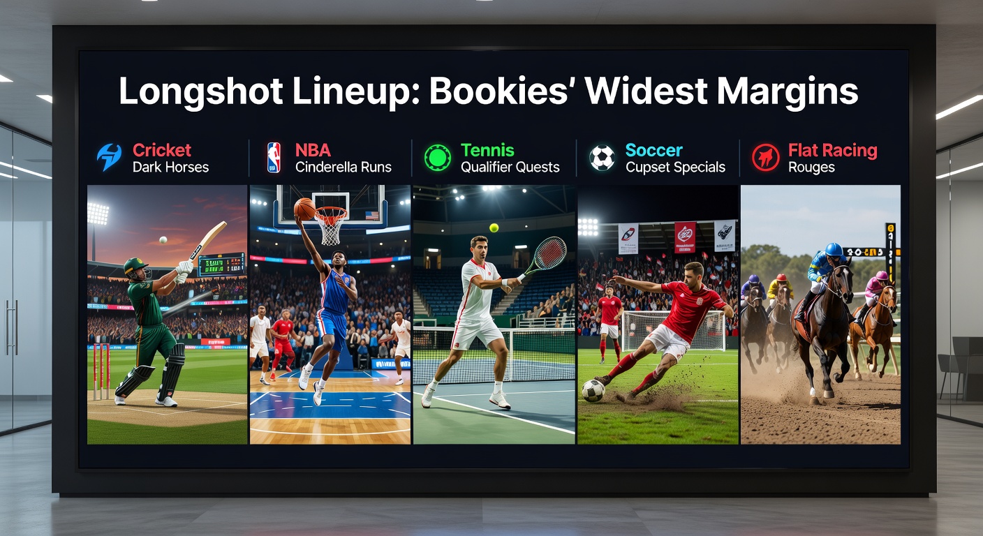 Collage of longshot betting slips showing bookmaker odds discrepancies for cricket underdogs, NBA upsets, tennis qualifiers, soccer shocks, and horse racing outsiders in vibrant stadium settings