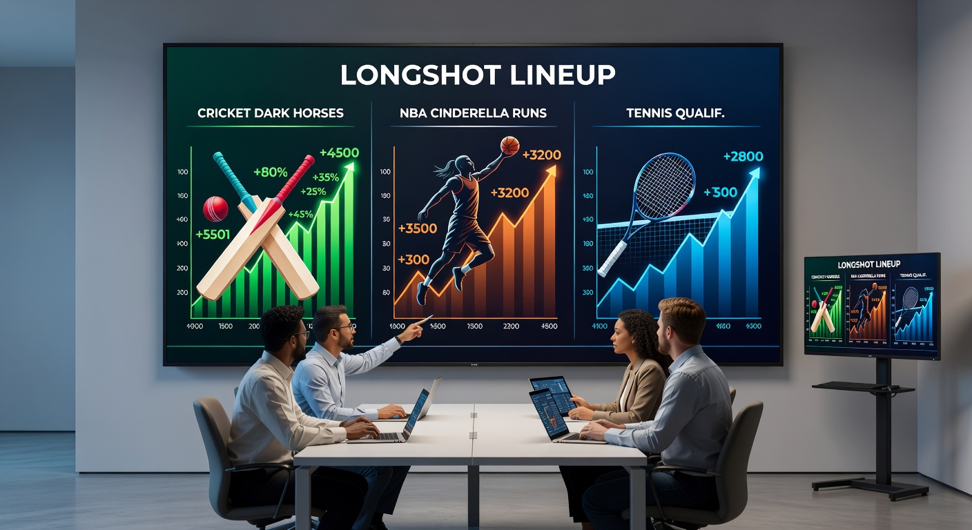 NBA court action with a low-seeded team celebrating a buzzer-beater upset, overlaid with bookmaker odds screens showing spread-out lines for Cinderella story bets
