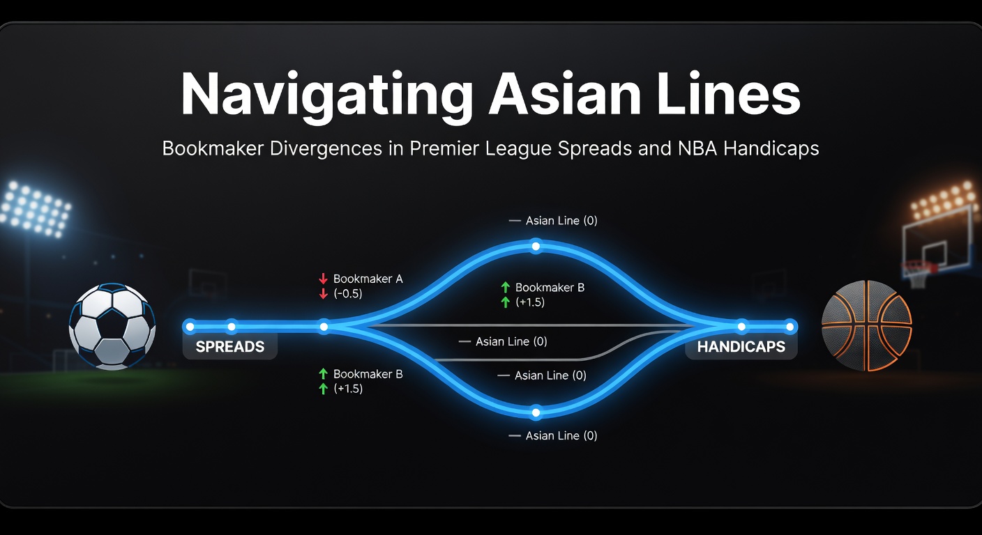 Bookmaker odds comparison screen showing Asian lines for a Premier League match and NBA game, highlighting divergent spreads across multiple sites