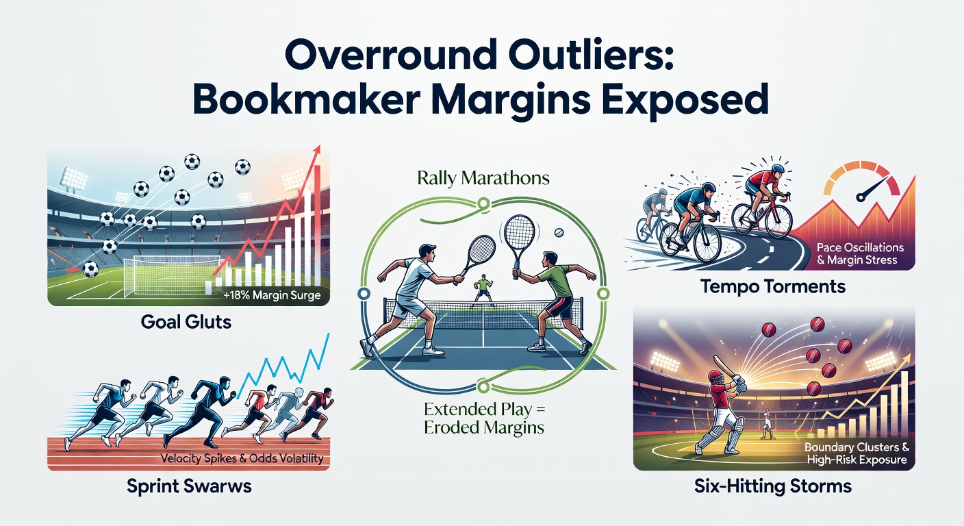 Chart illustrating bookmaker overround spikes during high-event sports scenarios like goal-heavy football matches and six-filled cricket innings