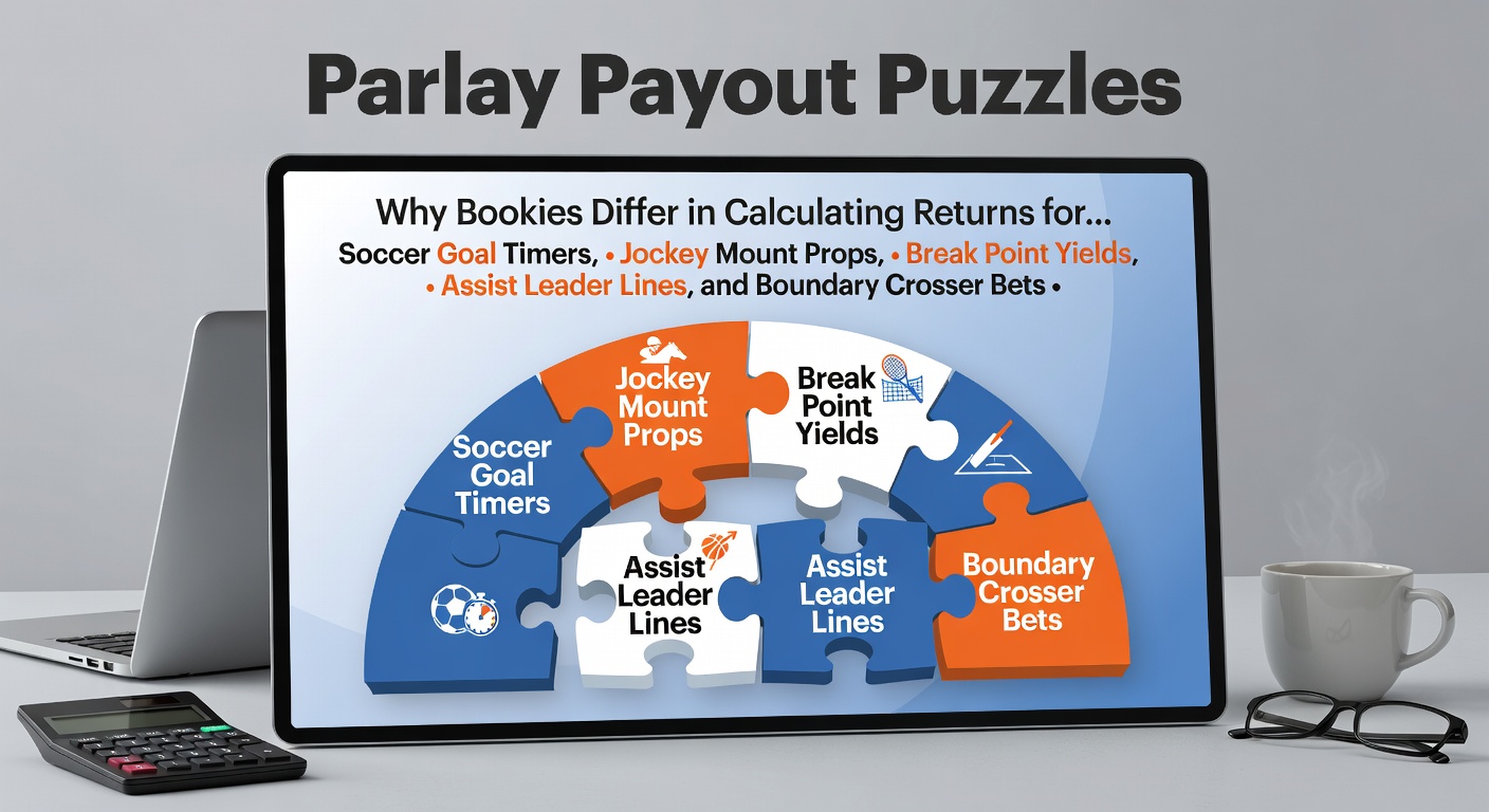 A dynamic split-image showing a soccer goal clock, a jockey on horseback mid-race, tennis break point action, soccer assist play, and cricket boundary hit, highlighting parlay bet complexities across sports