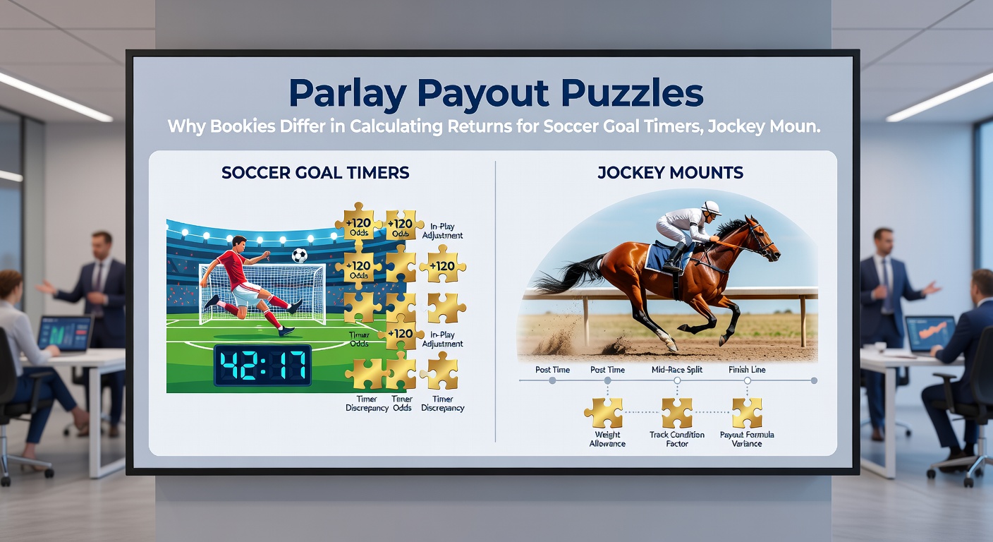 Close-up of a jockey urging a horse forward in a tight race, overlaid with parlay odds calculations and bookmaker logos to illustrate payout variance in mount props