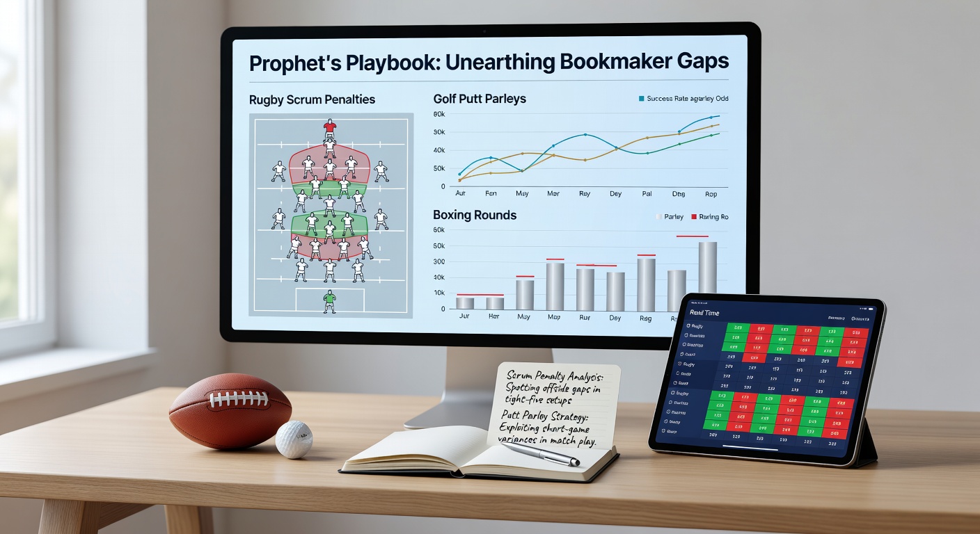 Close-up infographic of odds comparison tables for golf putt props and boxing round totals, with arrows pointing to bookmaker gaps ideal for parlays