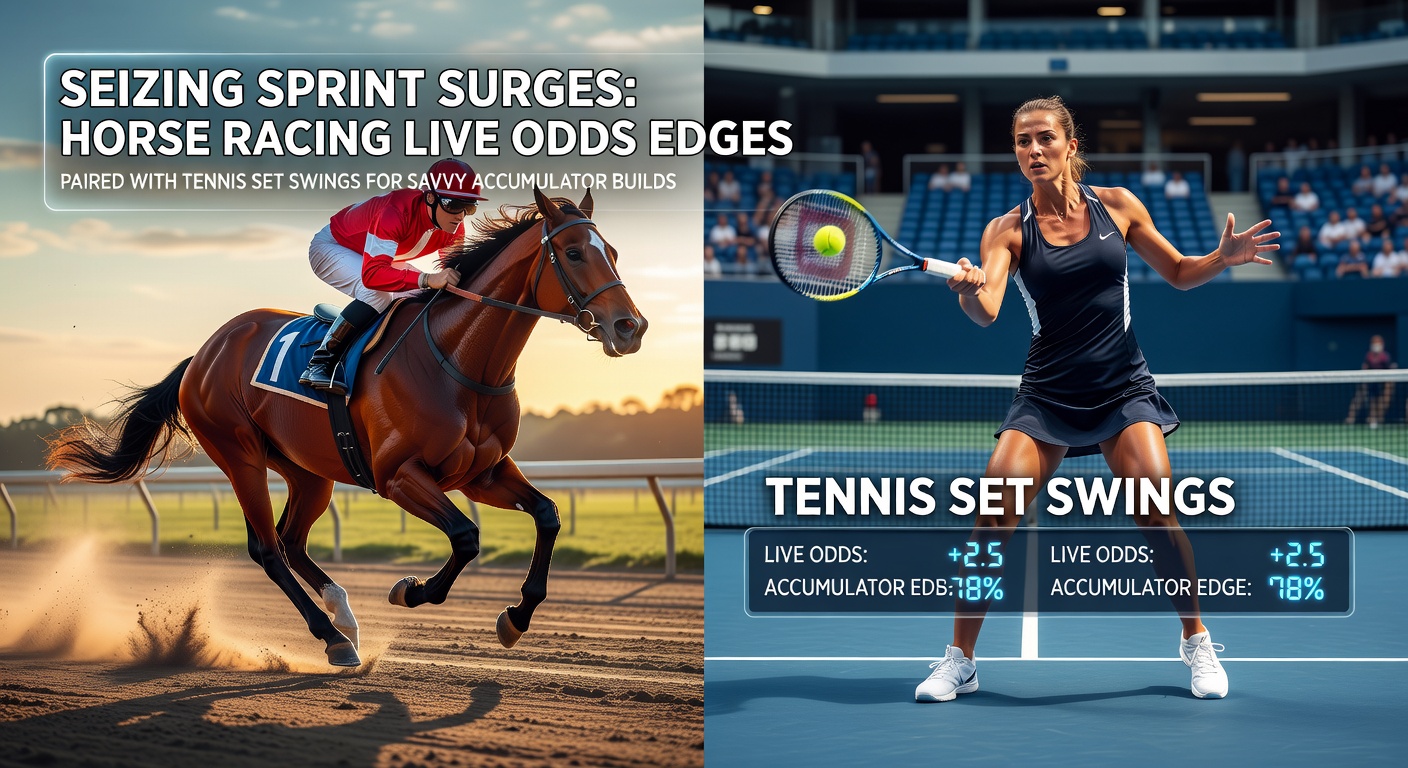 Horse racing sprint finish with overlaid live odds fluctuations and tennis player mid-serve during a tense set swing