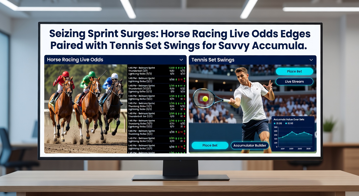 Dynamic split image showing a horse surging in a sprint race alongside a tennis player celebrating a set-winning point, with odds charts overlay