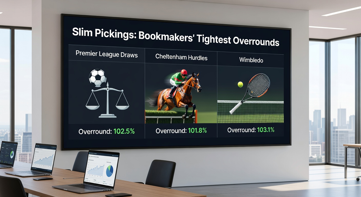 Close-up of Cheltenham hurdle race action with overlaid bookmaker odds comparison table showing overround percentages