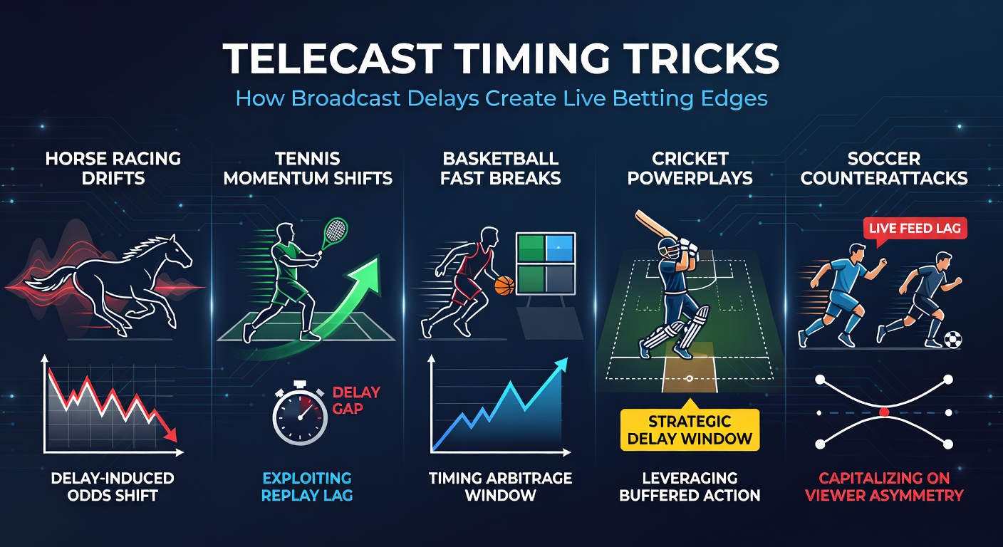 Horse racing track with overlaid broadcast delay clock showing seconds ticking, highlighting live betting opportunities during odds drifts
