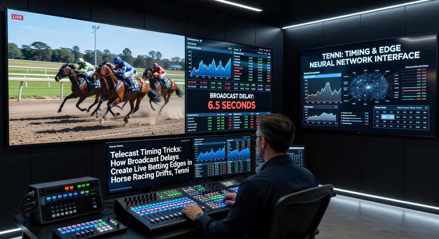 Tennis player mid-serve on clay court with split-screen showing delayed broadcast feed and live odds shifting in real-time
