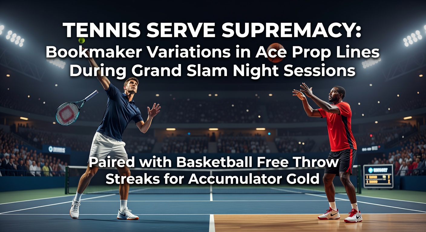 Tennis player serving under night lights at a Grand Slam, with odds overlays highlighting ace prop lines from various bookmakers