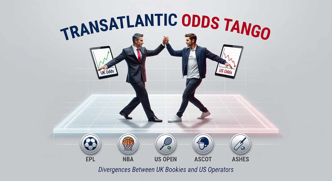 Graph showing odds divergences between UK bookmakers and US sportsbooks for major transatlantic events like EPL matches and NBA games
