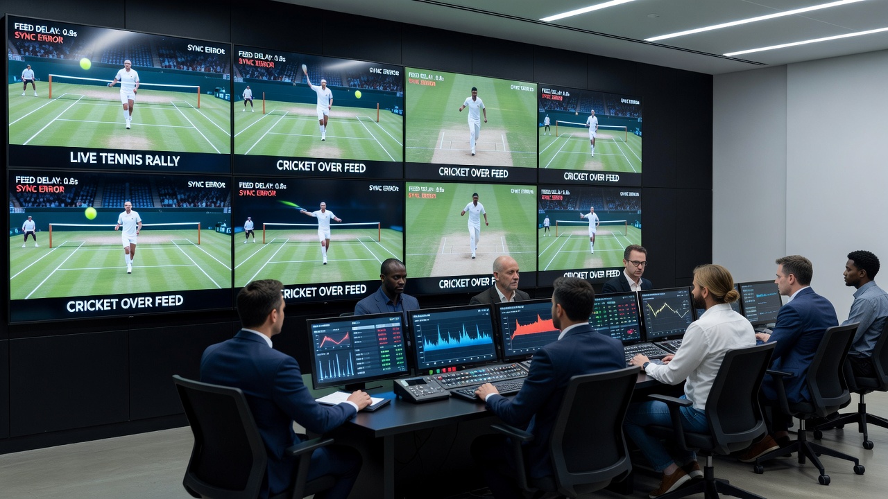 Split screen comparison of delayed cricket broadcast versus real-time digital feed during over transition